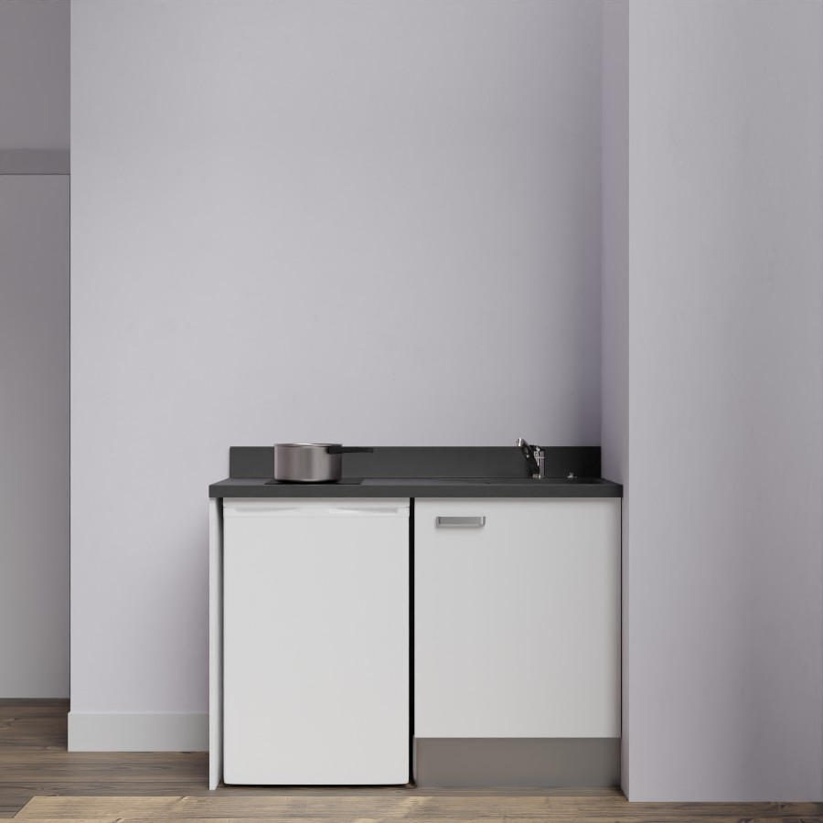 K08L : Kitchenette 120 cm Blanc, plan de travail monobloc évier à droite Nero