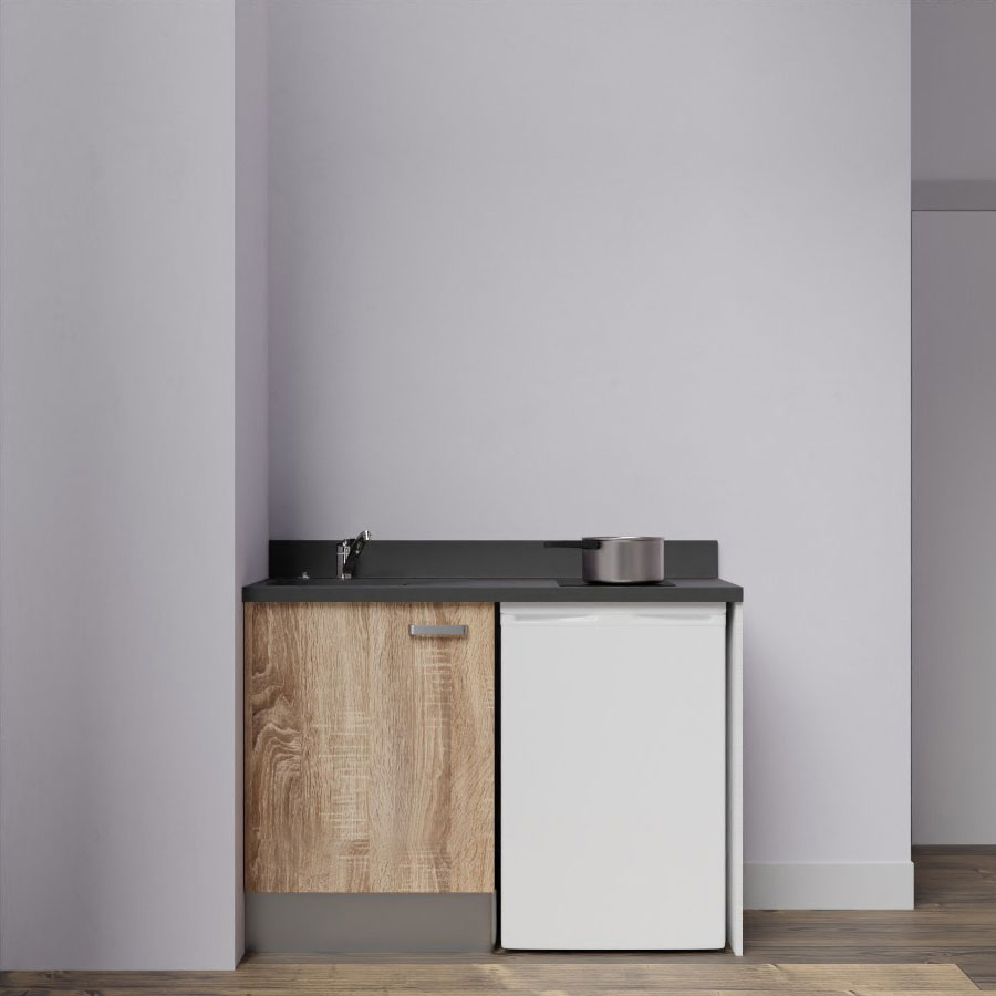 K08L : Kitchenette 120 cm Chêne, plan de travail monobloc évier à gauche Nero