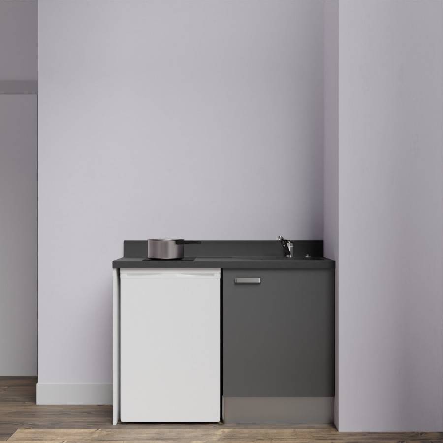 K08L : Kitchenette 120 cm Gris, plan de travail monobloc évier à droite Nero