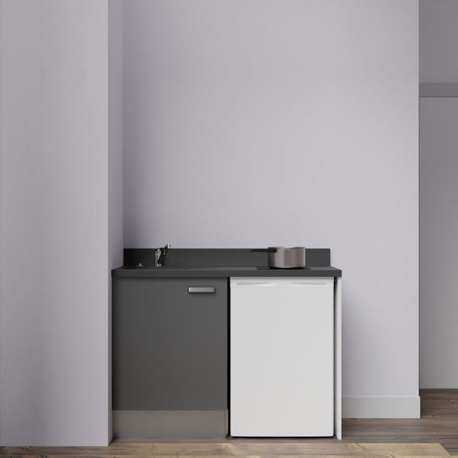 K08L : Kitchenette 120 cm Gris, plan de travail monobloc évier à gauche Nero