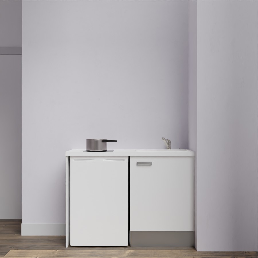 Kitchenette 120 cm K08L meuble sous évier blanc avec plan de travail blanc et évier blanc