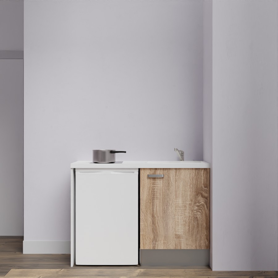 Kitchenette 120 cm K08L meuble sous évier couleur bois avec plan de travail blanc et évier blanc