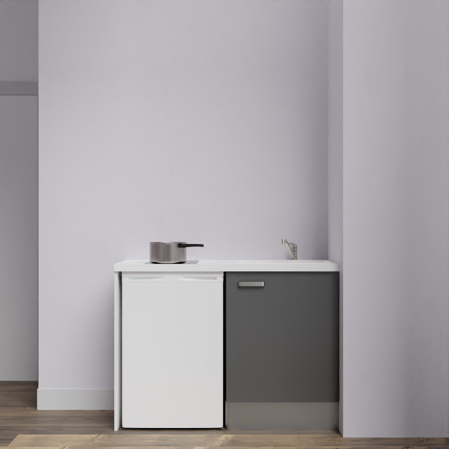 Kitchenette 120 cm K08L meuble sous évier gris avec plan de travail blanc et évier blanc