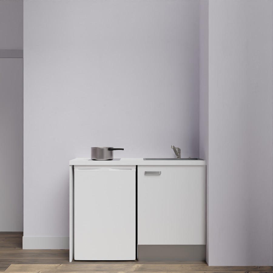 Kitchenette 120 cm K08L meuble sous évier blanc avec plan de travail blanc et évier gris