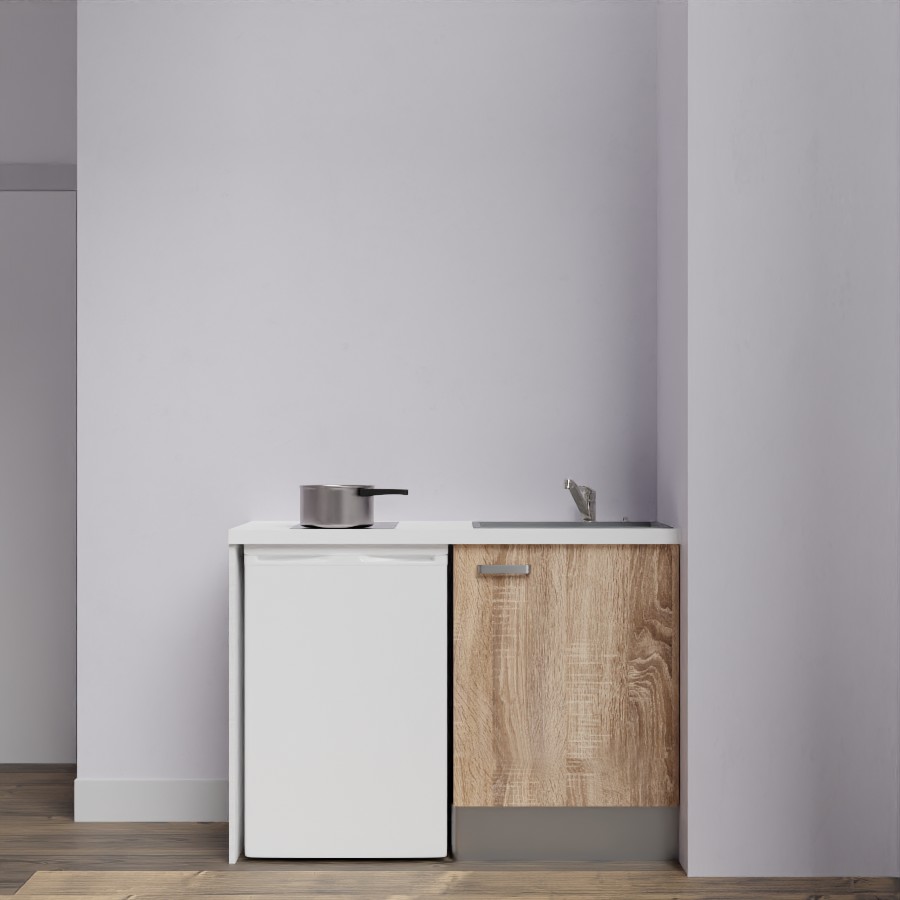 Kitchenette 120 cm K08L meuble sous évier couleur bois avec plan de travail blanc et évier gris