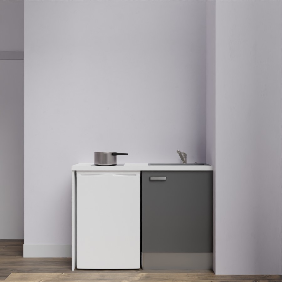 Kitchenette 120 cm K08L meuble sous évier gris avec plan de travail blanc et évier gris