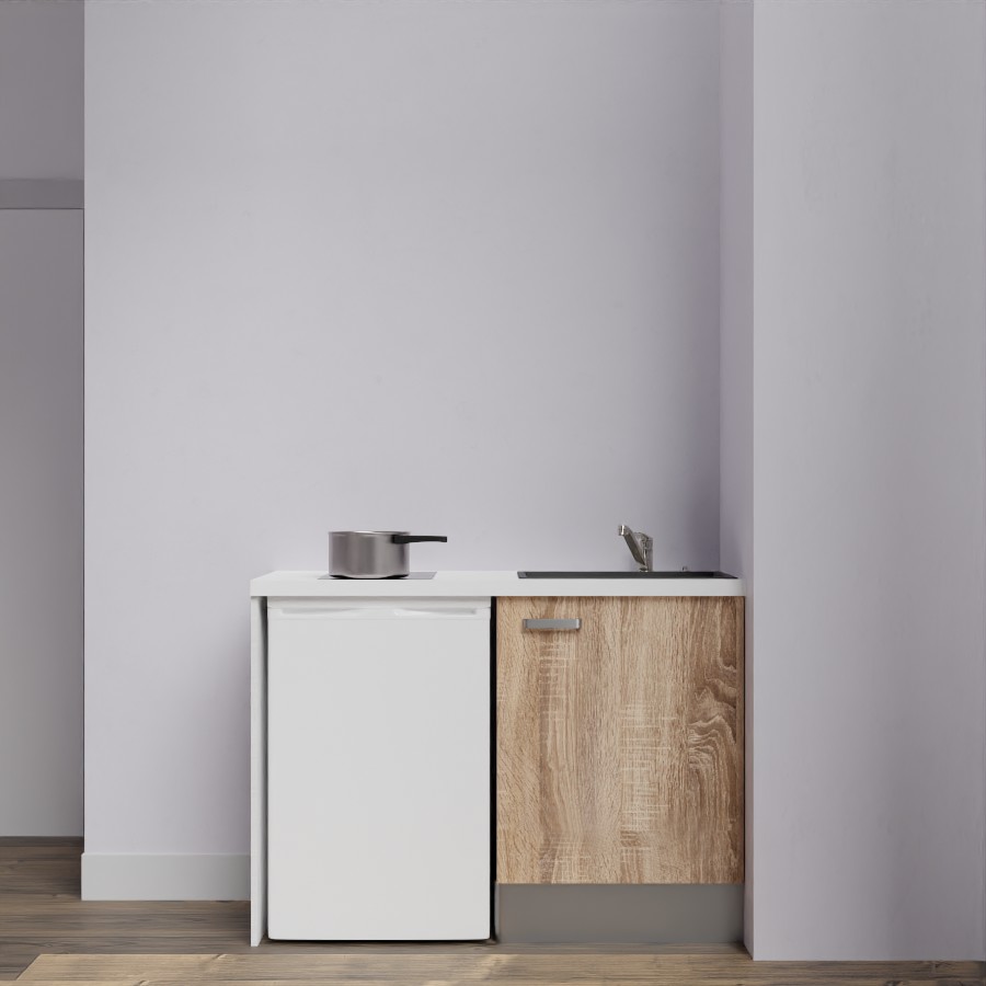 Kitchenette 120 cm K08L meuble sous évier couleur bois avec plan de travail blanc et évier noir