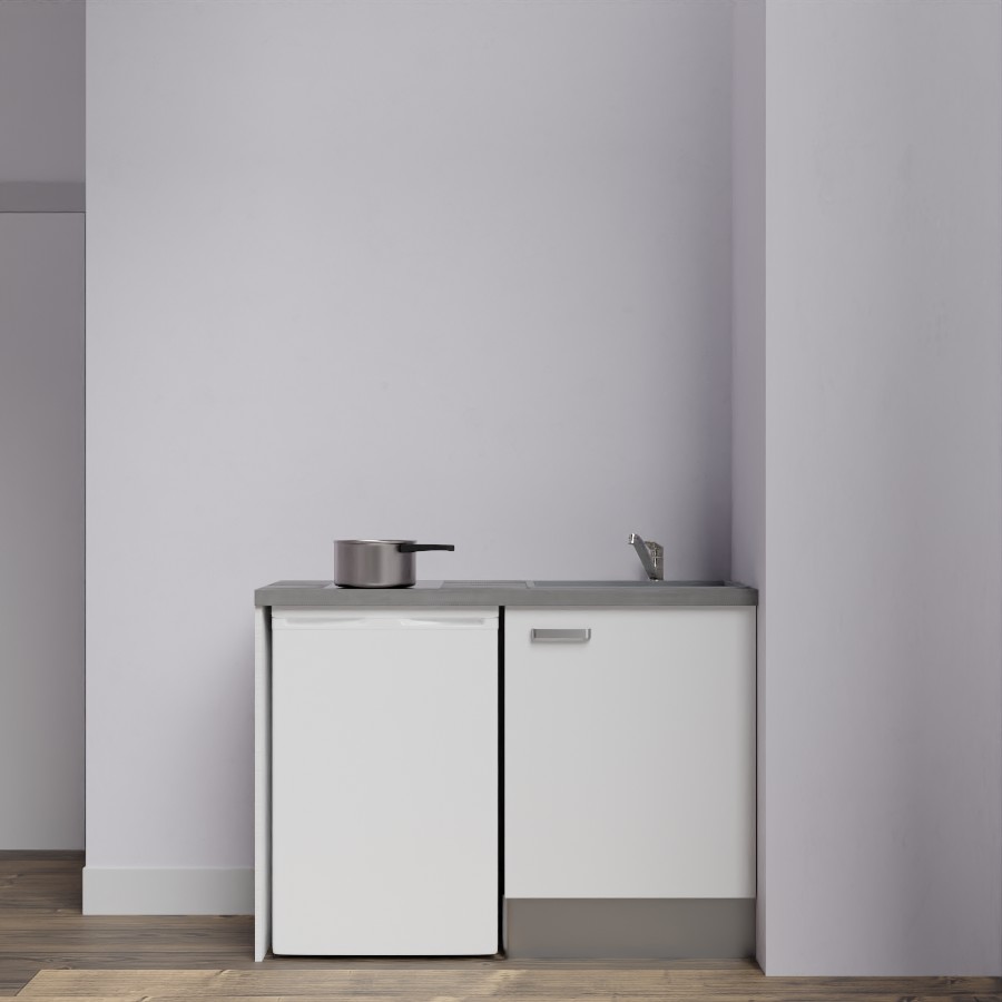 Kitchenette 120 cm K08L meuble sous évier blanc avec plan de travail gris et évier gris