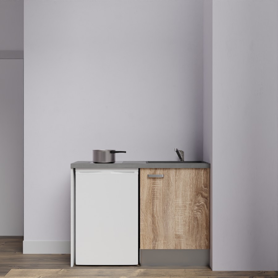 Kitchenette 120 cm K08L meuble sous évier couleur bois avec plan de travail gris et évier noir