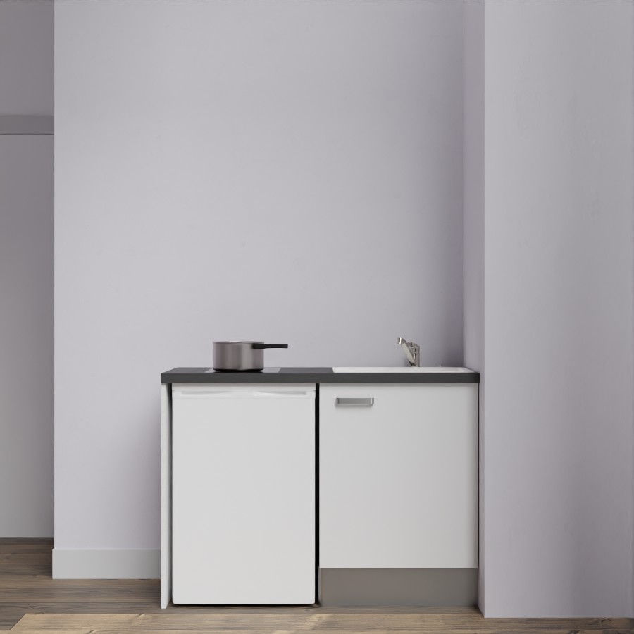 Kitchenette 120 cm K08L meuble sous évier blanc avec plan de travail noir et évier blanc