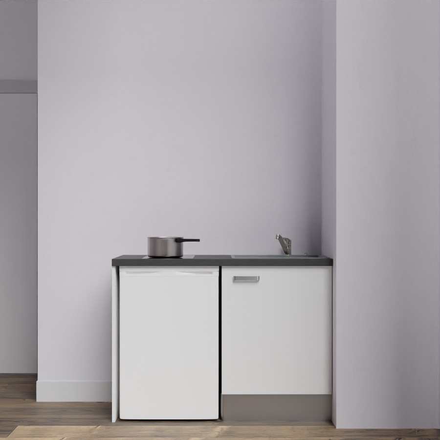 Kitchenette 120 cm K08L meuble sous évier blanc avec plan de travail noir et évier gris