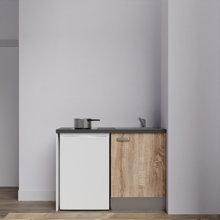 Kitchenette 120 cm K08L meuble sous évier couleur bois avec plan de travail noir et évier gris