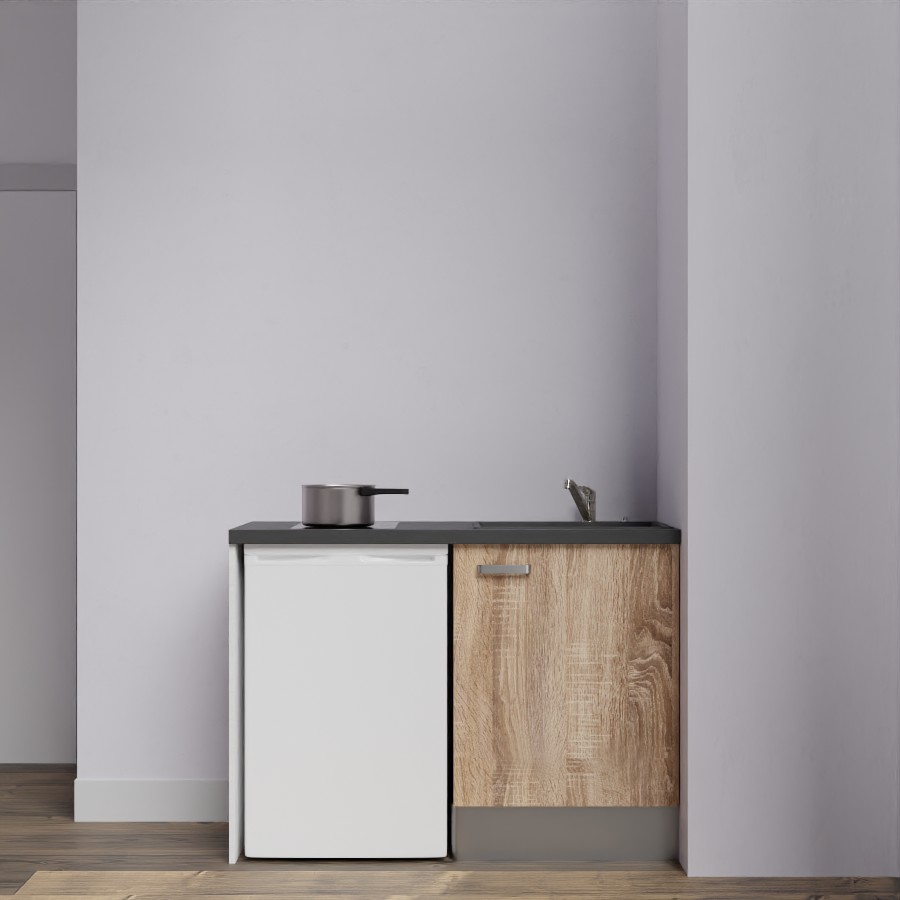 Kitchenette 120 cm K08L meuble sous évier couleur bois avec plan de travail noir et évier noir