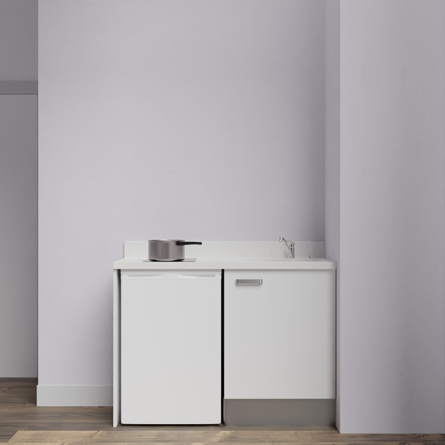 K08L : Kitchenette 120 cm Blanc, plan de travail monobloc évier à droite Snova