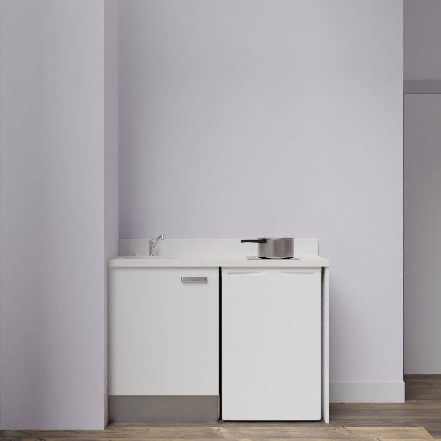 K08L : Kitchenette 120 cm Blanc, plan de travail monobloc évier à gauche Snova