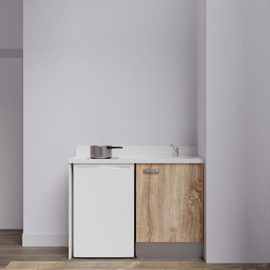 K08L : Kitchenette 120 cm Chêne, plan de travail monobloc évier à droite Snova