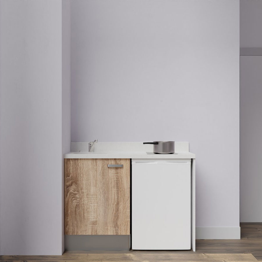 K08L : Kitchenette 120 cm Chêne, plan de travail monobloc évier à gauche Snova