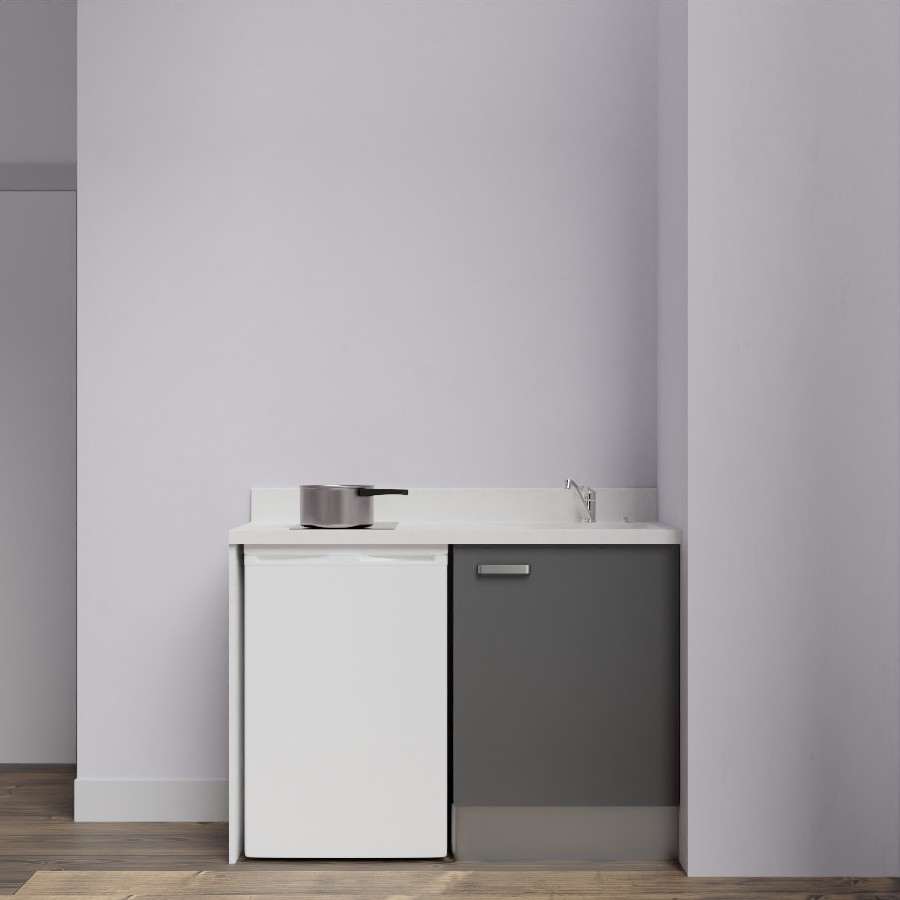 K08L : Kitchenette 120 cm Gris, plan de travail monobloc évier à droite Snova