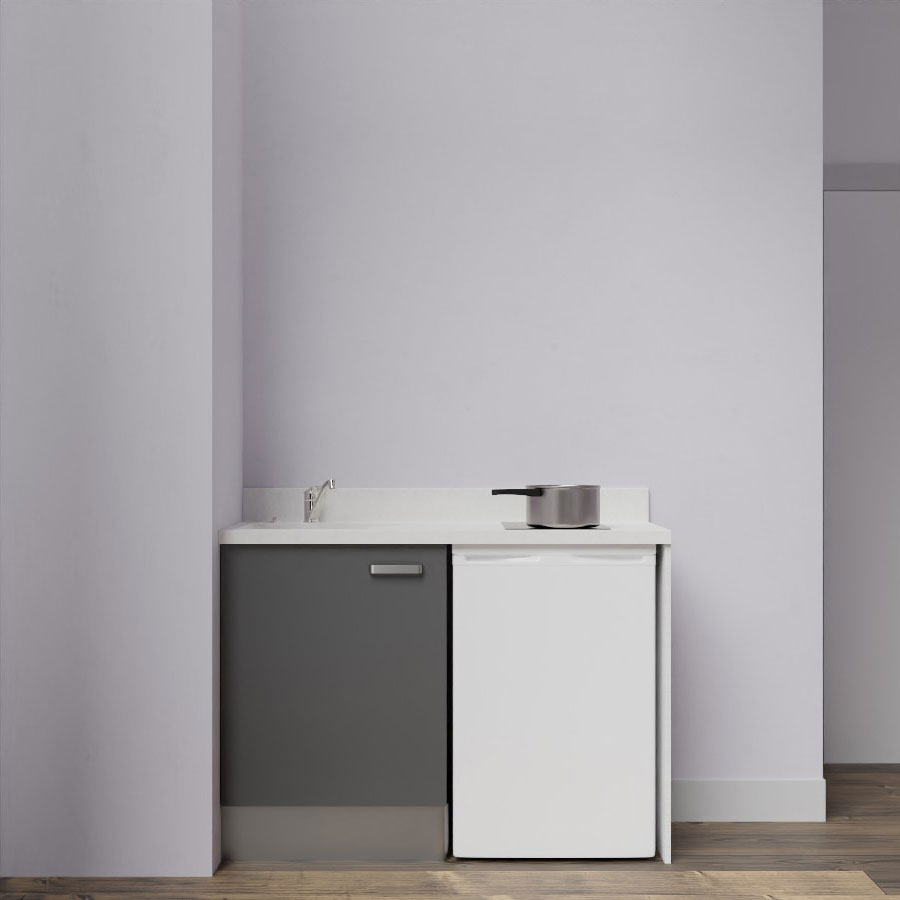 K08L : Kitchenette 120 cm Gris, plan de travail monobloc évier à gauche Snova