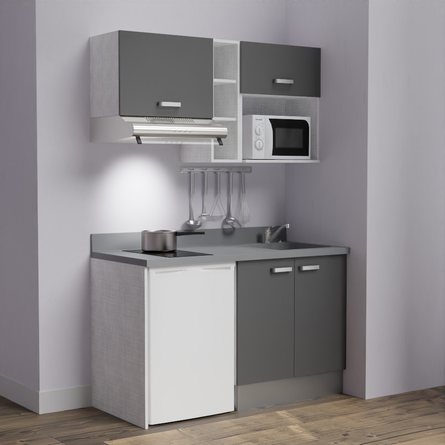 K13L : Kitchenette 140 cm Gris, plan de travail monobloc évier à droite Cromo