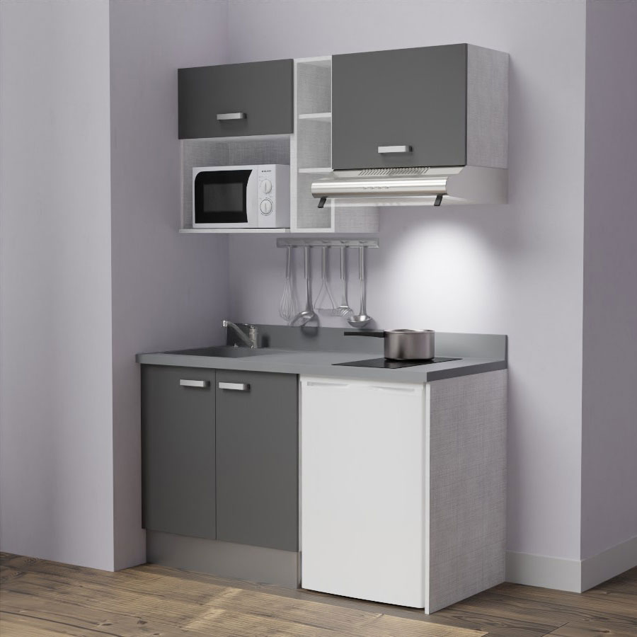 K13L : Kitchenette 140 cm Gris, plan de travail monobloc évier à gauche Cromo