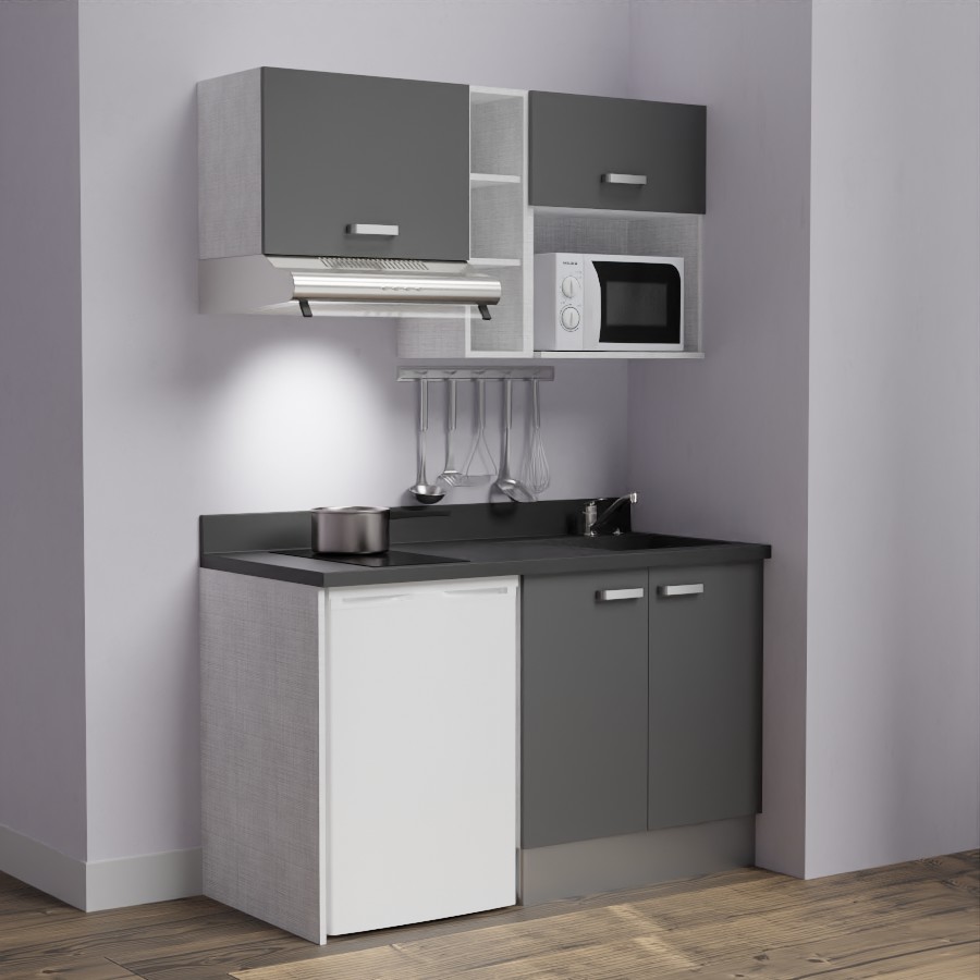 K13L : Kitchenette 140 cm Gris, plan de travail monobloc évier à droite Nero