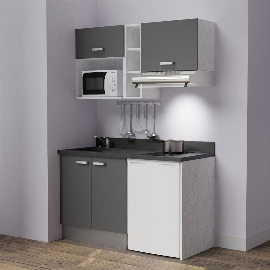 K13L : Kitchenette 140 cm Gris, plan de travail monobloc évier à gauche Nero