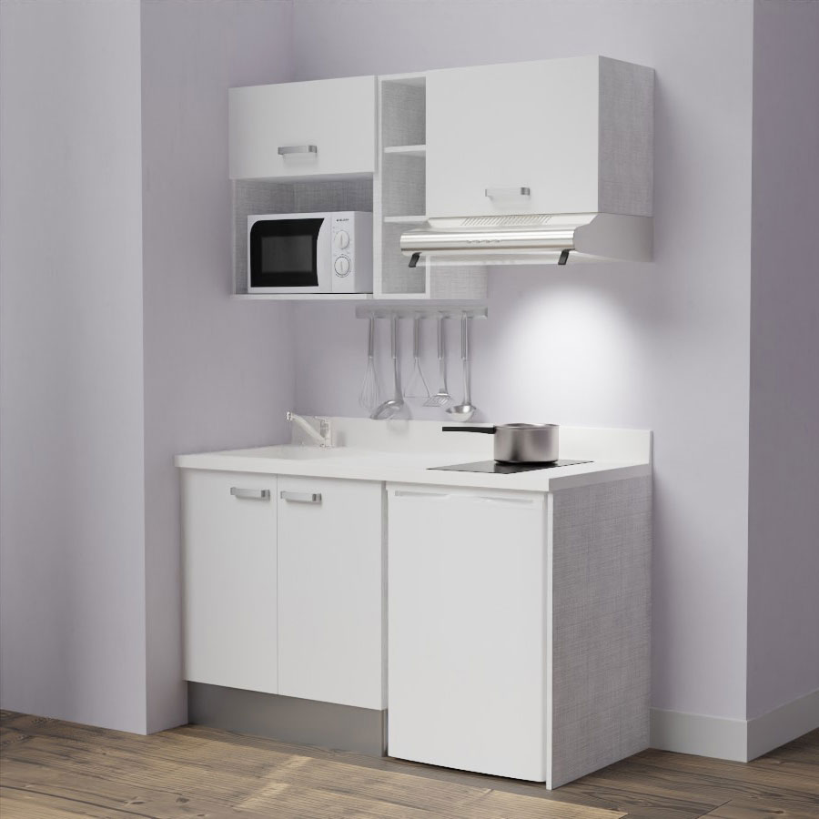 K13L : Kitchenette 140 cm Blanc, plan de travail monobloc évier à gauche Snova