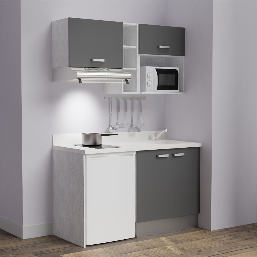 K13L : Kitchenette 140 cm Gris, plan de travail monobloc évier à droite Snova