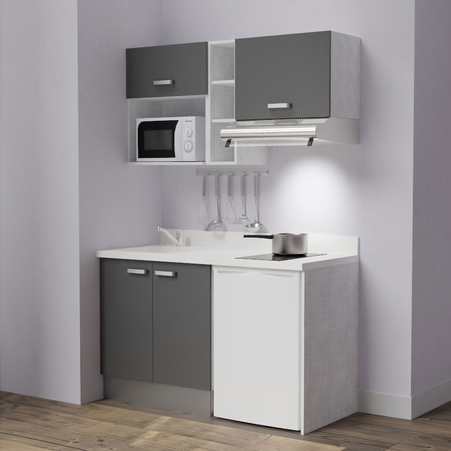 K13L : Kitchenette 140 cm Gris, plan de travail monobloc évier à gauche Snova