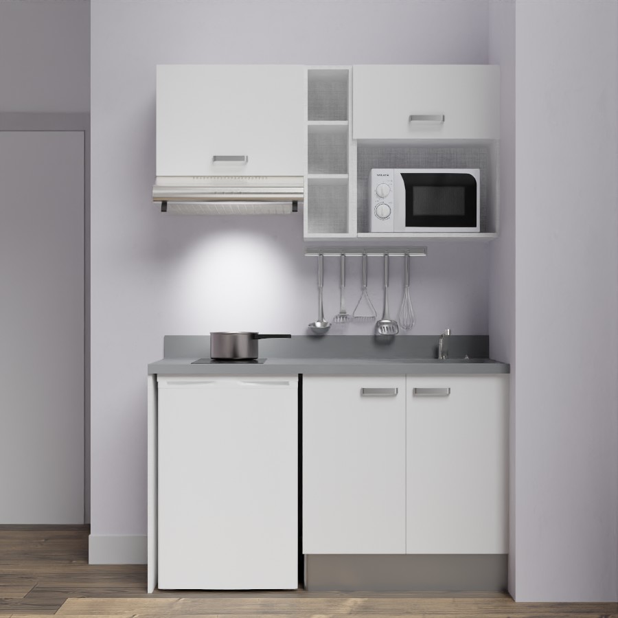 K13L : Kitchenette 140 cm Blanc, plan de travail monobloc évier à droite Cromo