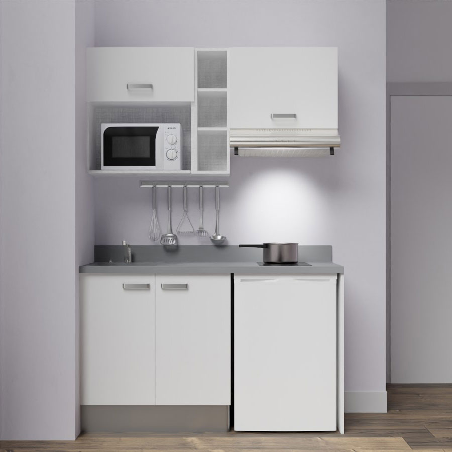 K13L : Kitchenette 140 cm Blanc, plan de travail monobloc évier à gauche Cromo