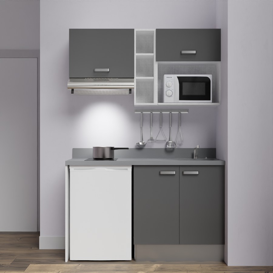 K13L : Kitchenette 140 cm Gris, plan de travail monobloc évier à droite Cromo