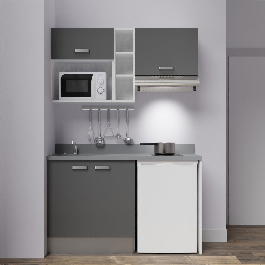 K13L : Kitchenette 140 cm Gris, plan de travail monobloc évier à gauche Cromo