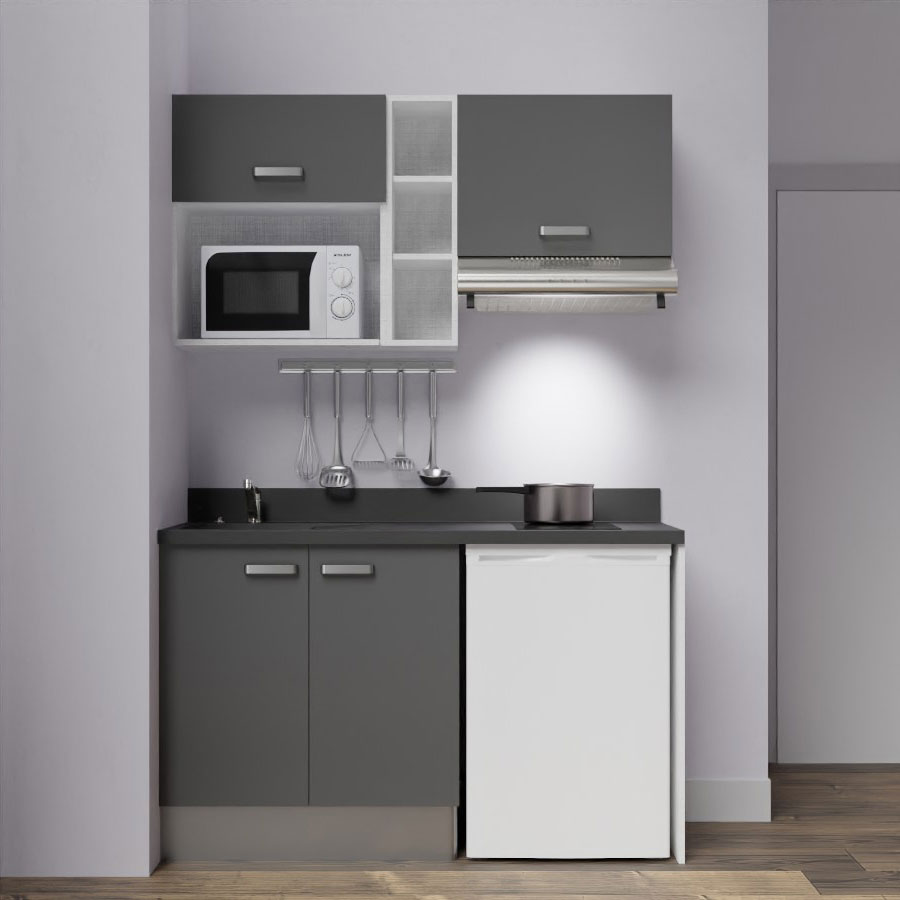 K13L : Kitchenette 140 cm Gris, plan de travail monobloc évier à gauche Nero