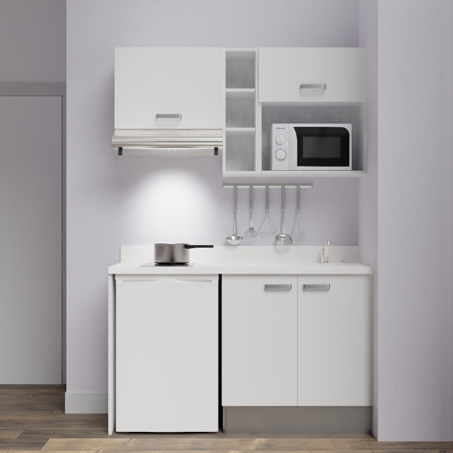 K13L : Kitchenette 140 cm Blanc, plan de travail monobloc évier à droite Snova