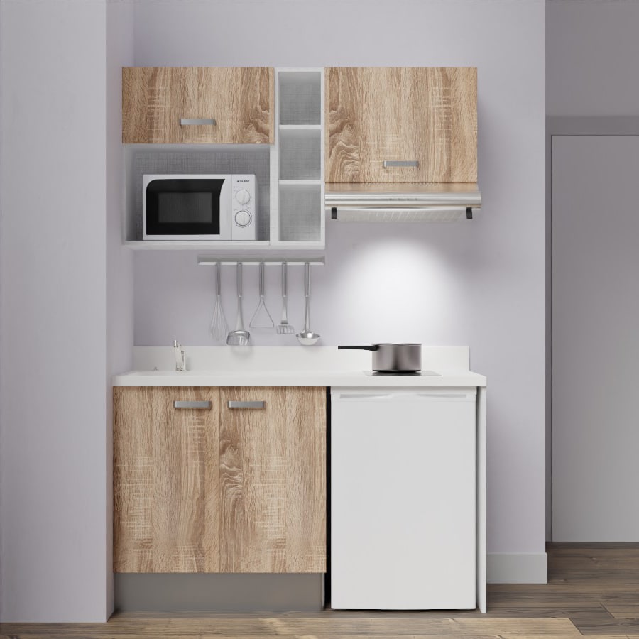 K30L : Kitchenette 180 cm Blanc, plan de travail monobloc évier à gauche  Néro - Creazur Pro