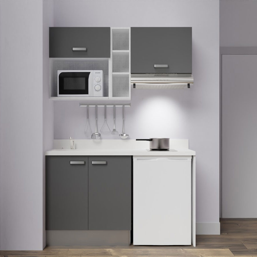 K13L : Kitchenette 140 cm Gris, plan de travail monobloc évier à gauche Snova