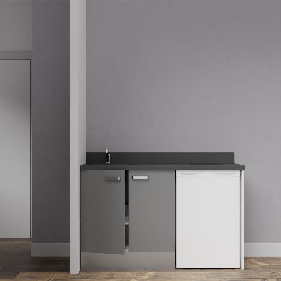 Visuel de la kitchenette basse 140 cm K17 avec un meuble sous evier coloris gris et un planiquartz noir avec évier à gauche