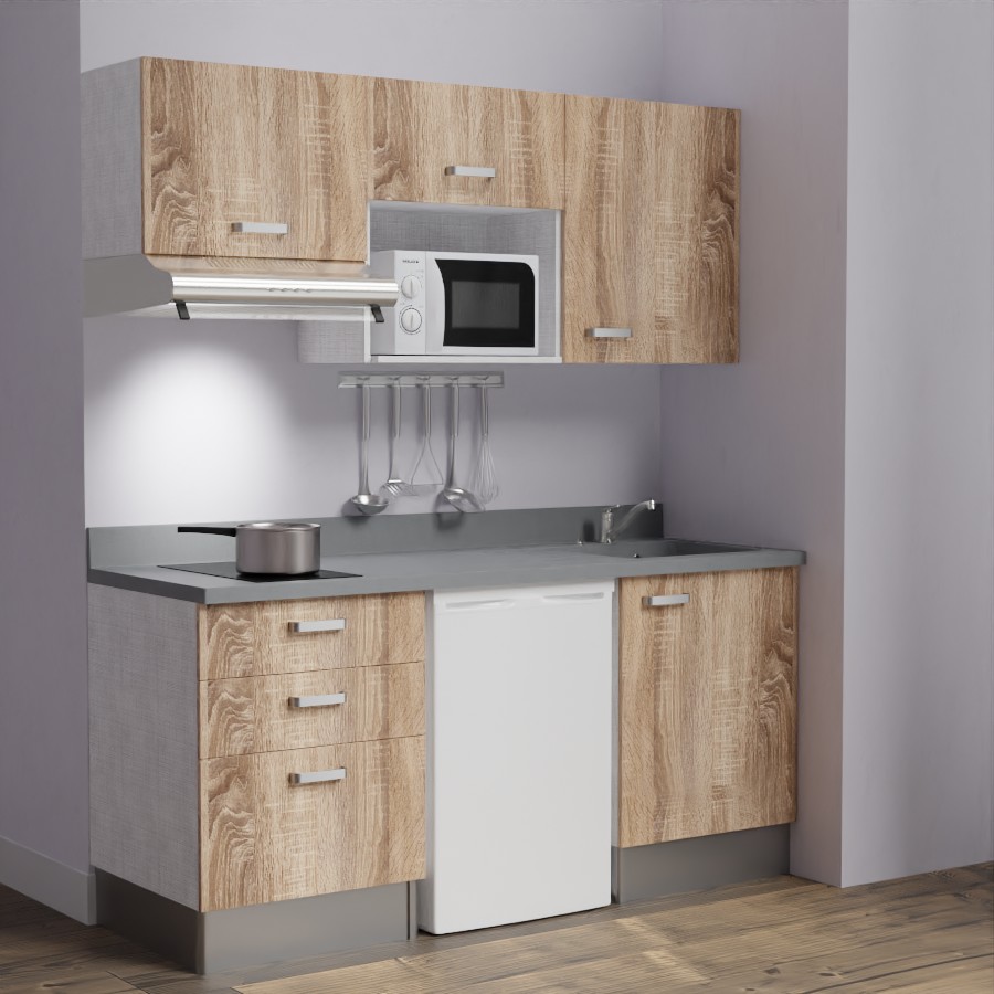 K20L : Kitchenette 180 cm Chêne, plan de travail monobloc évier à droite Cromo