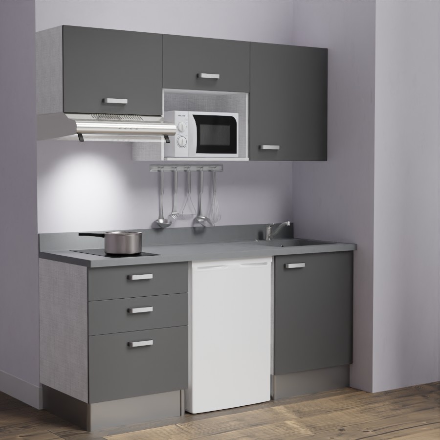 K20L : Kitchenette 180 cm Gris, plan de travail monobloc évier à droite Cromo