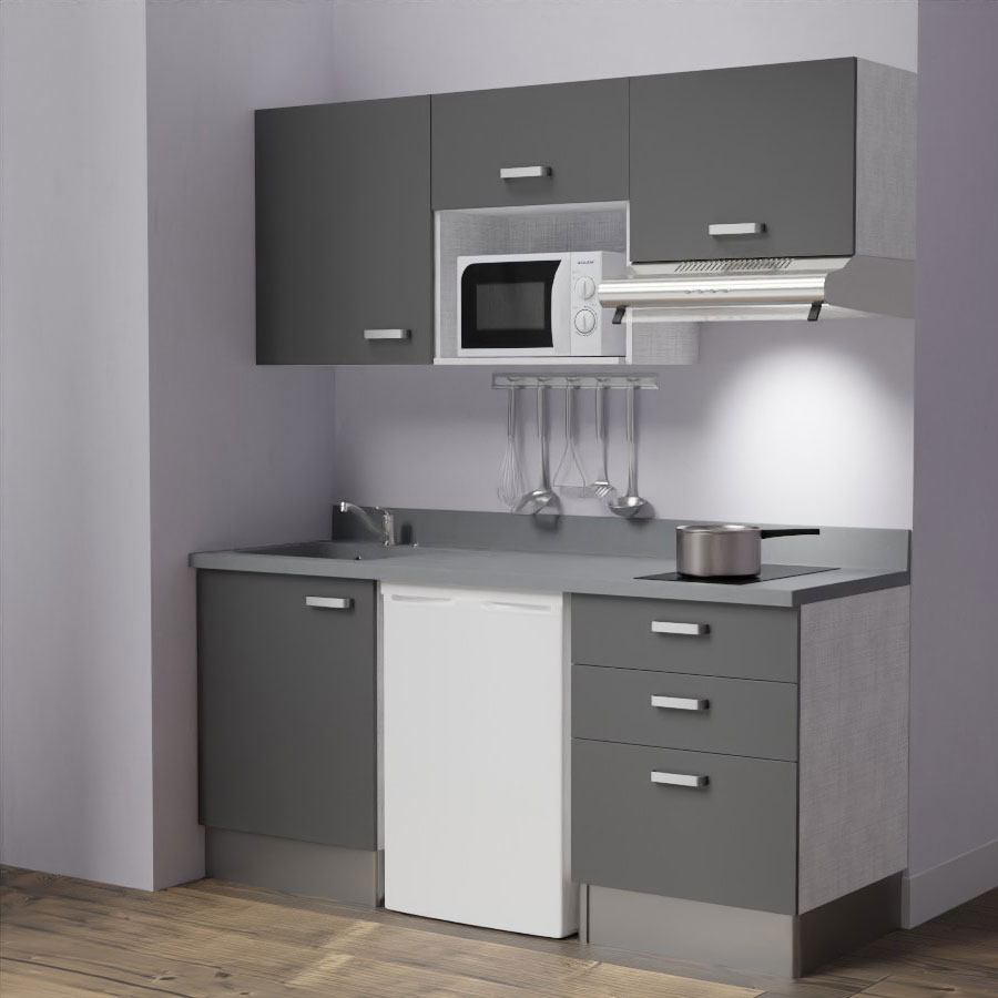 K20L : Kitchenette 180 cm Gris, plan de travail monobloc évier à gauche Cromo