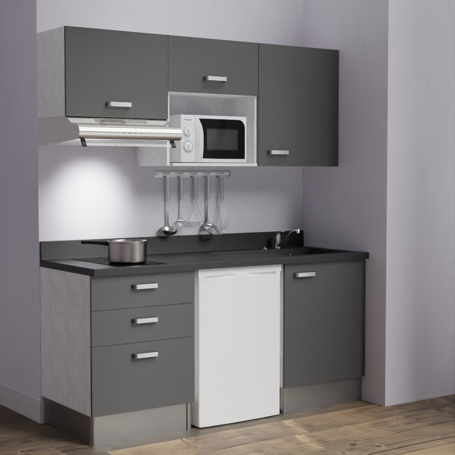 K20L : Kitchenette 180 cm Gris, plan de travail monobloc évier à droite Nero