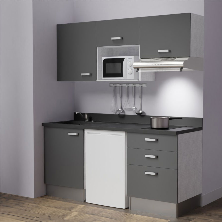 K20L : Kitchenette 180 cm Gris, plan de travail monobloc évier à gauche Nero