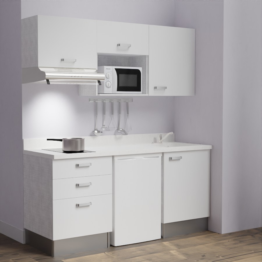 K20L : Kitchenette 180 cm Blanc, plan de travail monobloc évier à droite Snova