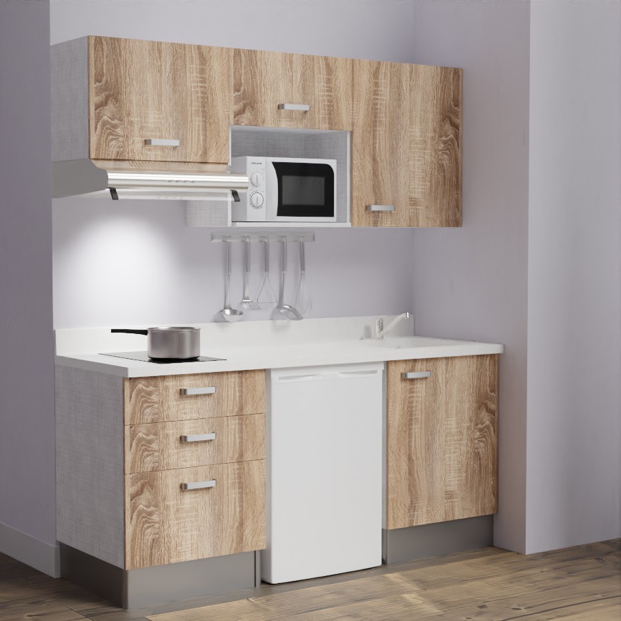 K20L : Kitchenette 180 cm Chêne, plan de travail monobloc évier à droite Snova