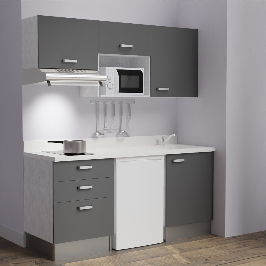 K20L : Kitchenette 180 cm Gris, plan de travail monobloc évier à droite Snova