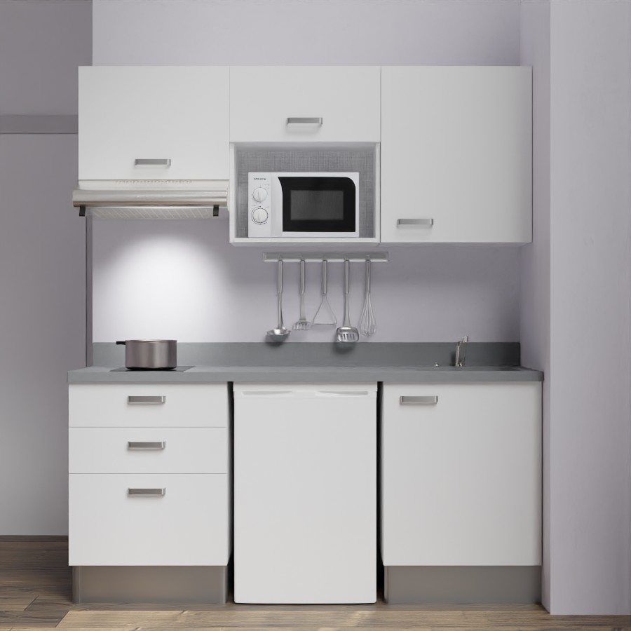 K20L : Kitchenette 180 cm Blanc, plan de travail monobloc évier à droite Cromo