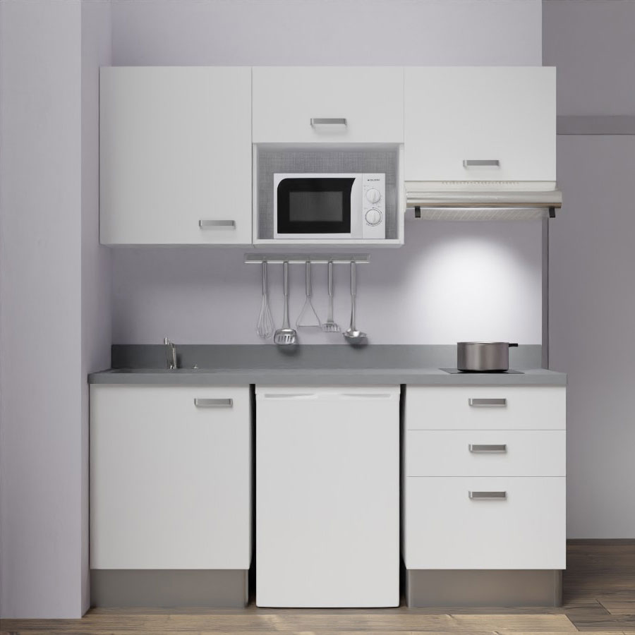 K20L : Kitchenette 180 cm Blanc, plan de travail monobloc évier à gauche Cromo