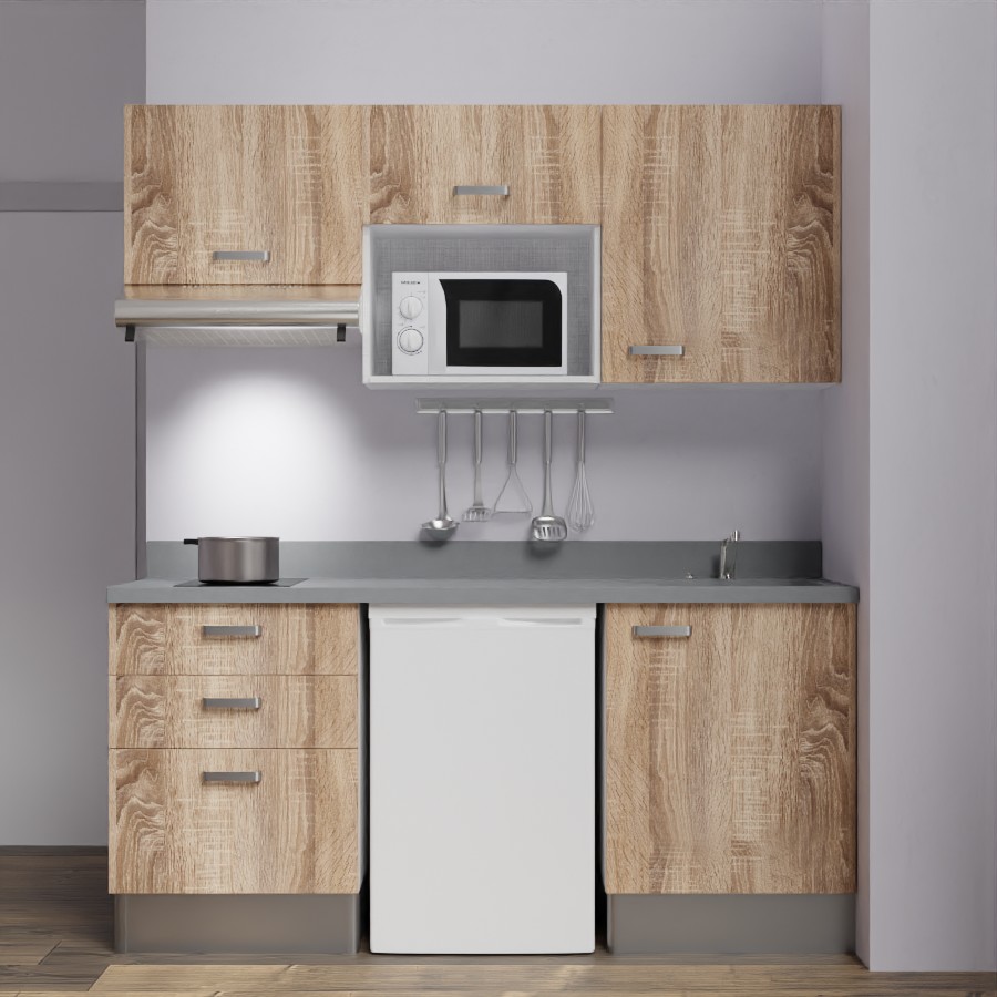 K20L : Kitchenette 180 cm Chêne, plan de travail monobloc évier à droite Cromo